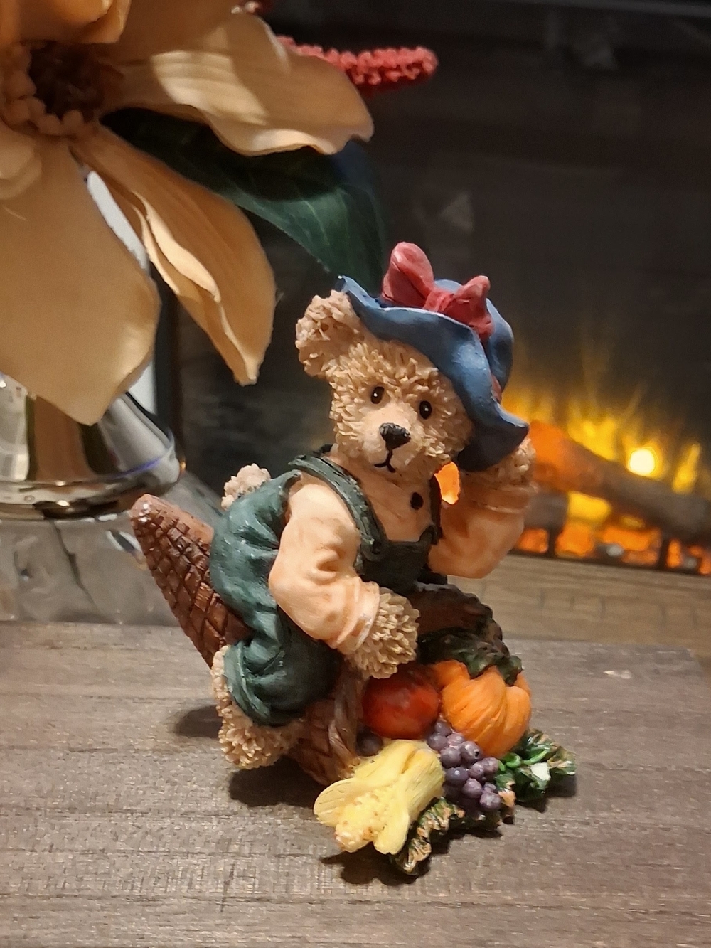 Autumn Harvest Bear Figurine - Decorative Home Accent - Blue Hat, Green Overalls